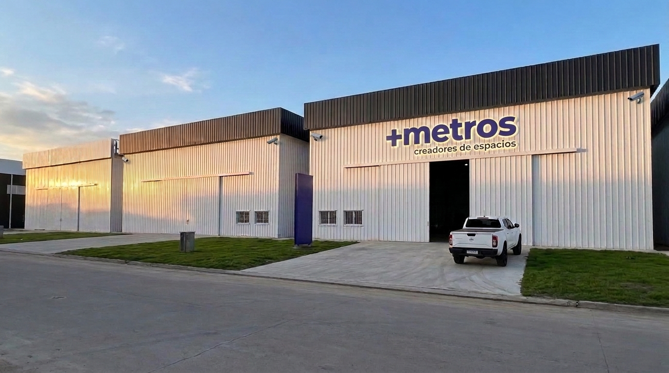 Fachada de +Metros en Polo 52, Córdoba, con el cartel iluminado al atardecer